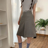 MQTIME  -  Women Gray High Waist Pleated Midi Skirts Front Center Box Pleat Summer A-Line Solid Color Retro Knee Length Skirts With Pockets