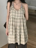  MQTIME  -  Korean Chic Plaid Summer Sweet Sleeveless Edible Tree Fungus All Match Dresses