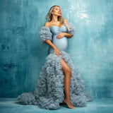 MQTIME  -  Dusty Blue Mermaid Maternity Dress Photoshoot Detachable Sleeves Puffy Tulle Maternity Dresses Elegance Pregnancy Shoot Dress