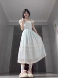 MQTIME  -  Summer Sweet Fly Sleeve Blue Bownot Fairy Dress Slim French Style Patchwork Lace Dress A-line Women Casual Dress