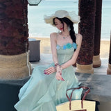 MQTIME  -  Elegant temperament Blue Ruffle Flower Strap Dress for Women 2025 New Seaside Vacation Style Beautiful Long Dress