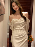 MQTIME  - Summer Elegant Vintage Party Dresses for Women Off Shouder Long Sleeve Dress Patchwork Pearl Beading Strap Vestido New 2024