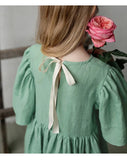  MQTIME  -  Summer Retro Linen Loose Flared Sleeve Dress Girls New Solid Color Cotton And Linen Casual Back Bow Tie Princess Dresses