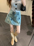 MQTIME  -  Retro Bow Embroidery Denim Mini Skirt Washed Make Old Summer High Waiste A-line Skirt Korean Fashion Cutecore Clothing