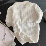 MQTIME  -  Women Ice Silk Polo Shirts Summer Thin Jacquard Knitted Short Sleeve T-shirts Female Lapel Button Tees Casual Pullover Tops