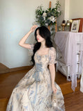 MQTIME  -  Women Ruffles Casual Korean Fairy Dress Female Summer Lace-up Vacation Party Dress Elegant Vintage Floral Midi Dress