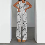  MQTIME  -  Vintage Streetwear Print High Waist All Match Loose Fashion Knitted Long Pants