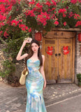 MQTIME  -  French tie dyed flower suspender chiffon dress for women's summer vacation dress backless fishtail dress