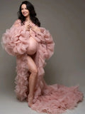 MQTIME  -  Fashionable Pink Maternity Dress for Photo Sexy Ruffled Full Sleeves Babyshower Gowns Long Pleats Slit Women Photography Props