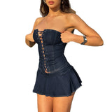 MQTIME  -  Primary Color Knitted Strap Tube Top Low Waist Short Pleated Skirt Fashion Personality Spice Girl Casual Suit