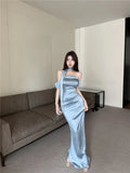 MQTIME  -  Satin Halter Sleeveless Transparent Slip Solid Zip Up Elegant Sexy Maxi Prom Dress Summer Women Wedding Party Vestido Outfit
