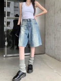 MQTIME  -  Women's Retro Gradient Blue Denim Shorts Summer New Vintage Style Wide Leg Capris Female High Waist Knee-length Casual Pants
