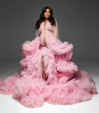 MQTIME  -  Luxury Pink Maternity Photoshoot Dresses Ruffle Tulle Maternity Robe Big Train Ruffle Sleeve Pregnancy Party Wear Princess Dress