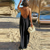 MQTIME  -  Stylish Leisure Backless Sleeveless Long Sling Dresses Summer Holiday Solid Color Beach Dress Women Casual Simple Camisole Dress