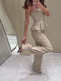 MQTIME  -  Elegant Pleated Vest Wide Leg Trousers Set Women Fashion Ruffled Off Shoulder Tank Top Loose Long Pants Suits 2025 Summer New