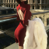 MQTIME  -  Korean Simple Style Red Flame Burgundy Deconstruction Hollow Backless Hip Dress Spring New