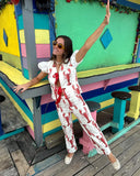 MQTIME  -  Cartoon Cray Printing Long Pants Set For Women 2024 Summer Short Sleeve Shirt High Waist Wide Leg Pant 2 Piece Sets Lady Outfits