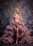 MQTIME  -  Mauve Ruffled Tulle Maternity Dresses for Photography Halter Front Slit Fluffy Maternity Photoshoot Dress for Pregnant Women