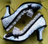 MQTIME  -  Mint Blue Lace Round-Toe Pumps Black Satin Bows White Lace Trim Low Block Heel Sweet Style Footwear for Cosplay Tea Party Looks