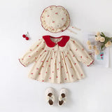 MQTIME  -  0-2Y Baby Girls Clothes Full Of Cherry Print Baby Dress Long Sleeve Cherry Dresses Runched Dress with Hat