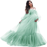 MQTIME  -  Puffy Sleeve Maternity Dress Tulle Robe With Underskirt for Photoshoot Off Shoulder Pregnancy Baby Shower Gown