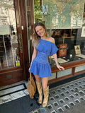 MQTIME  -  Blue White Gingham Off Shoulder Mini Dress Fashion Short Sleeve High Waist Flounce Hem Casual Summer Dresses New Lady Robes
