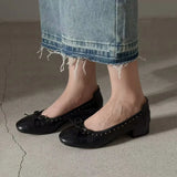  MQTIME  -  Vintage Rivet Bowknot Women Ballet Pumps Comfortable Soft Leather 3cm Thick Heeled Lazy Loafers Spring Summer Casual Girls Shoes