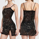 MQTIME  -  Women Summer Flower Sequins Embroidery Ruffles Square Neck Sleeveless Bodycon High Split Short Cami Dress with Scarf