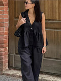 MQTIME  -  Fashion Solid Elastic Waist Wide Leg Loose Pants Suit Women Sleeveless Off Shoulder Ruffles Deep V-neck Top Sets New Street Wear