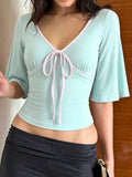 MQTIME  -  Sweet Contrast Color V Neck Half Sleeve Temperament Slim All Match Y2k Knitted T-Shirts