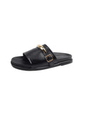 MQTIME  -  Women's Black PU Flat Sandals Comfortable Summer Beach Shoes Casual Euro-American Style Metal Buckle
