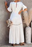 MQTIME  -  Boho Lace Dress V Neck Flare Sleeve Embroidery Maxi Dress A-line Elegant Party Dresses Mujer Vestidos