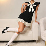 MQTIME  -  Women Polka Dot Print Patchwork OL Mini Dress Summer Y2k Elegant Flying Sleeve V Neck Pleated Hem Short A-line Dress