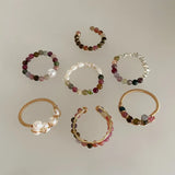 Mqtime Colored Tourmaline Natural Stone Pearl Silver Beads Rings Fashion Design Personality Metal Wire Winding Adjustable Ring