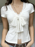 MQTIME  -  American Y2k Solid Lace Patchwork Fake Two Piece Sexy Bandage Bow Top Female