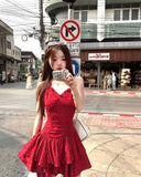 MQTIME  -  Woman Dresses Floral Printed Sleeveless Halter Irregular Ruffles Bow Bandage Backless Sexy Mini Dress Sweet Elegant Party