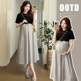 Mqtime 2025 French Style Pregnant Women Elegant Dress Plus Size Long Sleeve O-Neck High Waist Maternity A-Line Dress Long Loose Clothes