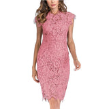 MQTIME  -  Lace Dress Ruffled Neck Slim Fit Party Dress Short Sleeve Hollow Out Elegant Wine Red Vestidos Femme Evening Robes