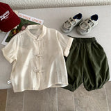  MQTIME  -  Boys Suit Spring and Summer New Childrens Wear Boys and Girls New Chinese Style Plate Button Shirt Shorts Two-piece Set