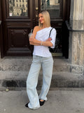 MQTIME  -  Pure White One Shoulder Asymmetric Blouse Women's Chic Ruched Bust Minimalist Sleeve Tops Lady Fashion Dating Night T-shirt