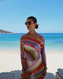 MQTIME  -  Colorful Stripe Maxi Dress Women Chic Off Shoulder Long Sleeve Tulle See Through Slim Dresses Summer Lady Vacation Robes