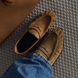 MQTIME  -  Cow Suede Slip-on Women Loafers Spring Autumn Round Toe Pleated Leather Daily Casual Brown Flats Shoes Shallow Footwear New