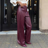 MQTIME  -  Button Red Wine Straight Pants Women High Waist Zipper Fly PU Leather Spring Summer Elegant Solid Color Slim Trousers