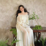 MQTIME  -  Women Maternity Dress for Photoshoot White Elegant Off-shoulder French Style Lace Pregnancy Dresses for Studio Photography