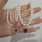 Mqtime Kpop Vintage Baroque Red Crystal Heart Pendant Pearl Chain Necklace For Women Jewelry Wedding Christmas Gift Y2K Accessories