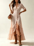 MQTIME  -  Women Long Sleeve Button Shirt Dress New Solid Down Ruffle High Low Hem Flowy Maxi Dress Casual Beach Vacation Boho A-Line Dress