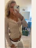  MQTIME  -  Casual Chic Lace Patchwork Knit Cardigan Women Slim V-neck Long Sleeve Buttons Female Sweater 2026 Spring Lady Cozy Knitwear