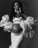 MQTIME  -  Hot Sale White Mermaid Maternity Dress Photoshoot 3 Pieces Pregnancy Outfit Set Dress Puffy Sleeve Baby Shower Photo shoot Props