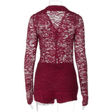 ﻿ MQTIME  -  Autumn Women See Through Lace 2 Piece Set Turn Down Collar Long Sleeve Single Breasted Shirt Cardigan Top + Shorts Suit