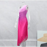 MQTIME  -  One Shoulder Pleated A-line Party Dress Sleeveless Elegant Evening Vestidos Backless Gradient Color Femme Club Dress